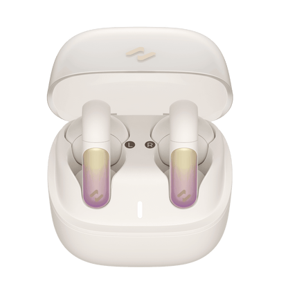 écouteurs bluetooth beige à conduction osseuse ouverts et étanches multi appareils